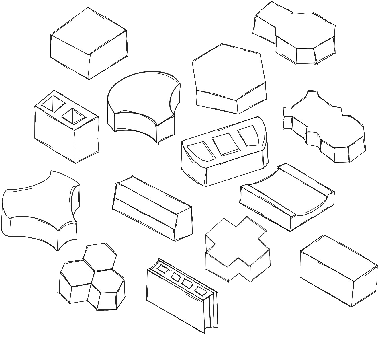 Différentes formes de briques à usage varié posées à même le sol: carrés, croix, tomettes hexagonales, goutières...