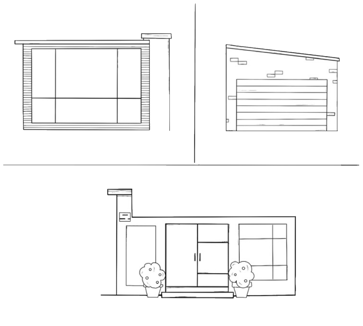 Trois panneaux représentant de face : 1) un garage 2) une pièce à vivre 3) Une entrée